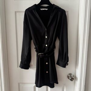 Elegant Black Satin Button-Up Dress with Belt 🖤